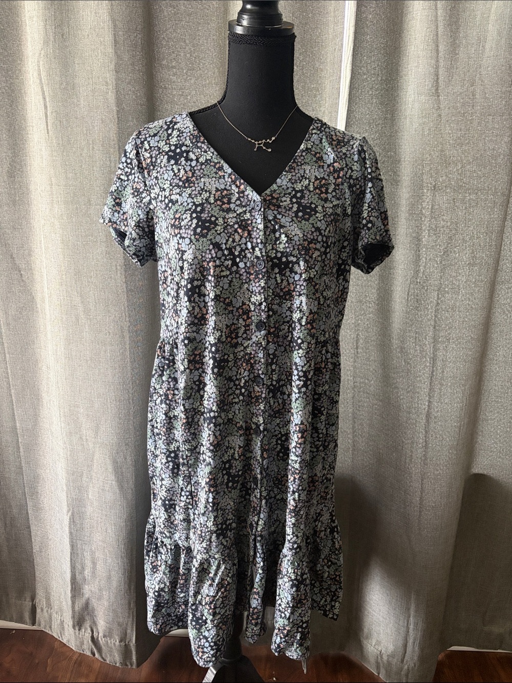 J. Jill Black Floral Dress with Mint and Blush Accents